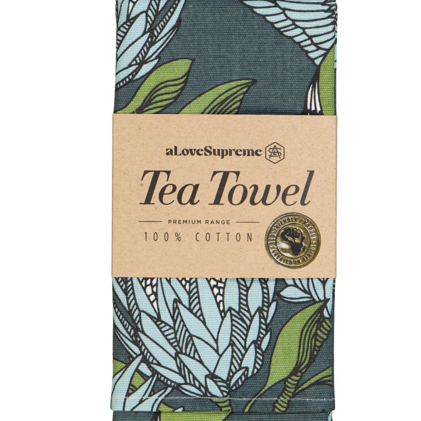 A Love Supreme Tea Towels (Blue on Gunmetal) folded with Carboard Wrap