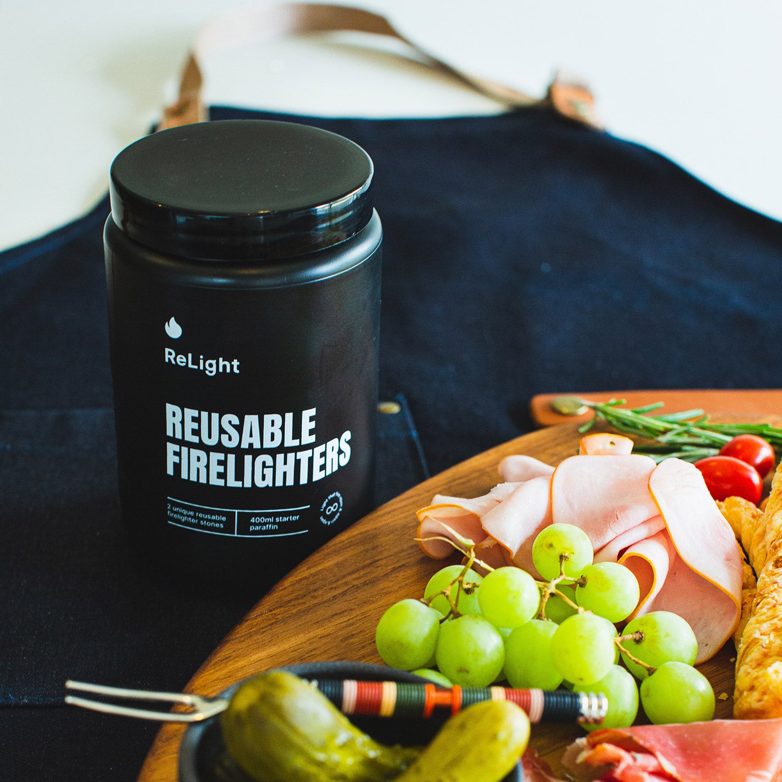 Nala Dream Box (Firelighters Bottle, Pickle Fork & Tapas Board on Apron with Grapes)